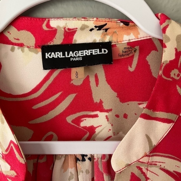 Karl Lagerfeld Blouse coral with floral print long sleeve size Large T177 - Picture 10 of 11